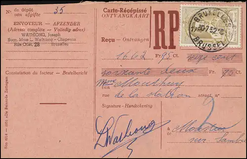 Belgien Zahlkarte BRÜSSEL 30.7.1952 mit 933 Weltpostkongress