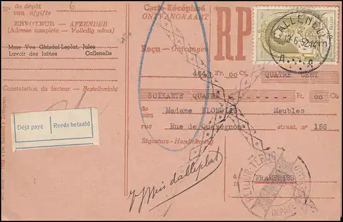 Belgien Zahlkarte CALLENELLE 13.6.1952 mit 933 Weltpostkongress