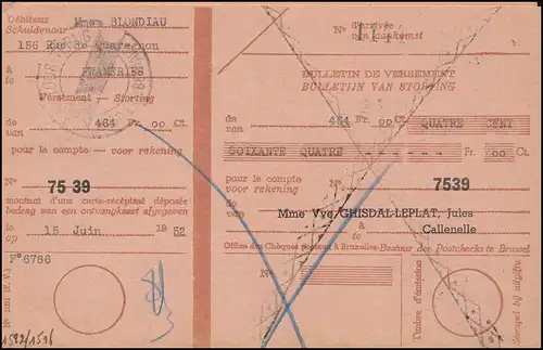 Belgique Carte de paiement CALLENELLE 13.6.1952 avec 933 Congrès mondial des postes