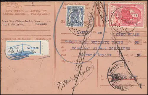 Belgique Carte de paiement CALLENELLE 13.12.1952 avec 932 Congrès mondial des lettres + 566 armoiries