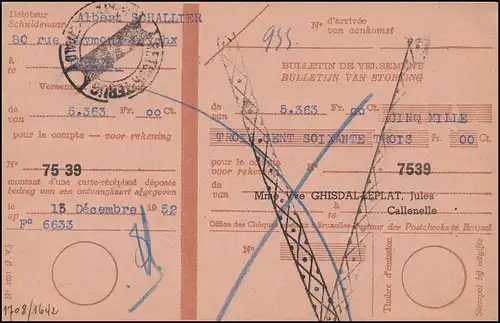Belgien Zahlkarte CALLENELLE 13.12.1952 mit 932 Weltpostkongress + 566 Wappen