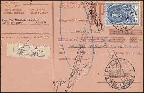 Belgien Zahlkarte CALLENELLE 29.11.1952 mit 934 Weltpostkongress