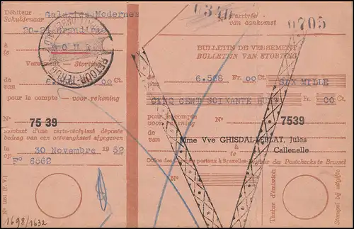 Belgien Zahlkarte CALLENELLE 29.11.1952 mit 934 Weltpostkongress