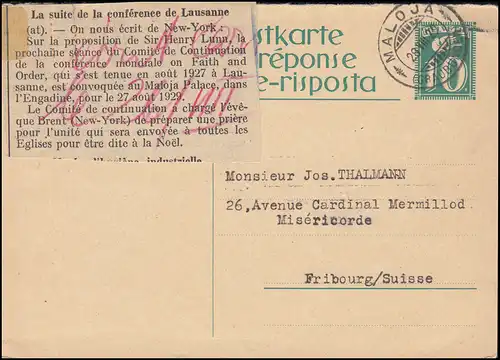 Carte de réponse Valeur avec pigeon 10 C. MALOJA (GRAUBE) 28.8.1929