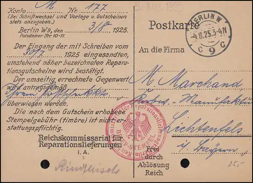 Frei durch Ablösung Reichskommissariat Reparationslieferungen BERLIN 4.8.1925