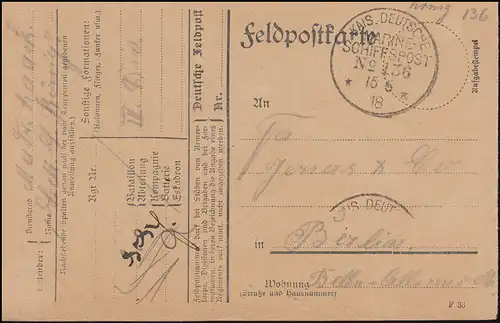 DEUTSCHE MARINE-SCHIFFSPOST No 136 - 15.6.18 SMS König Postkarte nach Berlin