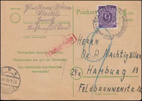 Behelfsausgabe Postkarte P 783I mit Zusatzfr. SSt STAFFELSTEIN 10.3.1947