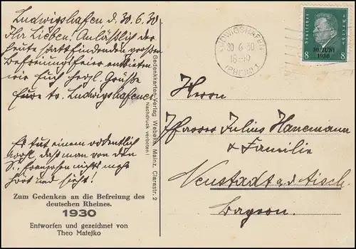 AK Befreiung des Rheins als FDC 444 mit Ersttagsstempel LUDWIGSHAFEN 30.6.1930