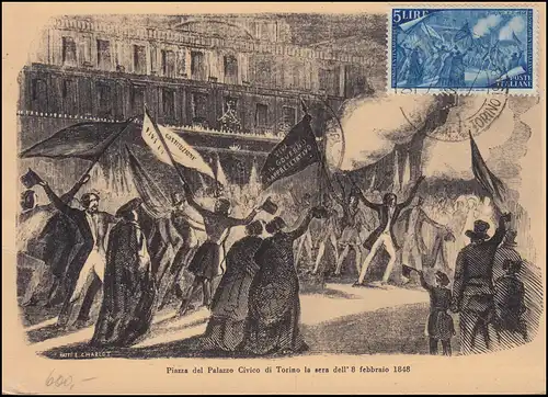 750 Evénement de 1848 Fête de la Constitution 5 lires Carte maximale SSt TORINO 15.10.1948