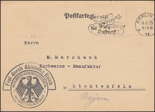 Frei durch Ablösung Reichsfinanzministerium Postkarte BERLIN 14.6.1929 