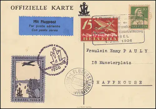 Premier vol Bâle-Schaffhausen Exposition officielle SSt BASSEL 1.7.1926