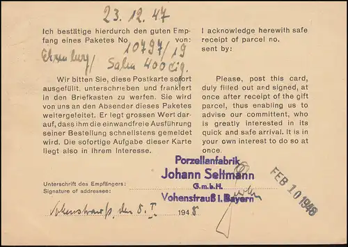 AFS Porzellanfabrik Johann Seltmann SSt VOHENSTRAUSS 12.1.1948 nach Basel