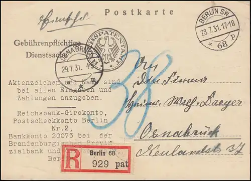 Affaire de service à payer Office du brevet du Reich BERLIN 28.7.1931 sous forme de carte postale R