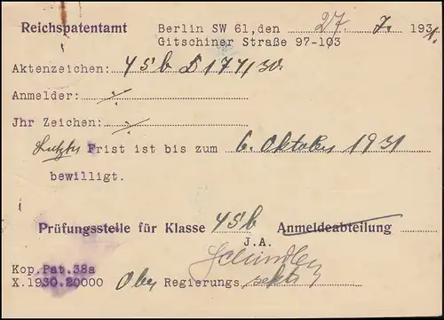 Affaire de service à payer Office du brevet du Reich BERLIN 28.7.1931 sous forme de carte postale R