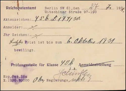 Gebührenpflichtige Dienstsache Reichspatentamt BERLIN 28.7.1931 als R-Postkarte