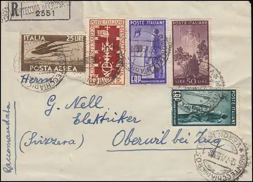 774+775 ERP-Hilfe mit Zusatzfr. R-Bf. R-Not-Zettel VERONA 12.7.49 in die Schweiz