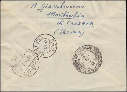 774+775 ERP-Hilfe mit Zusatzfr. R-Bf. R-Not-Zettel VERONA 12.7.49 in die Schweiz