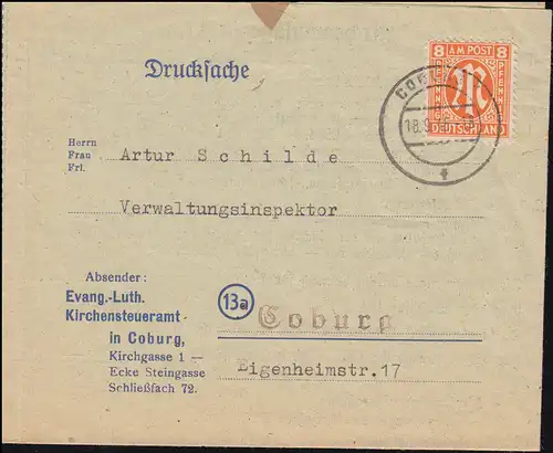 5 AM-Post 8 Pf. auf Drucksache im Ortsverkehr Kirchensteueramt COBURG 18.9.1945
