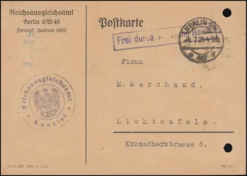 Frei durch Ablösung Reichsausgleichsamt Kanzlei auf Postkarte BERLIN 4.7.1924