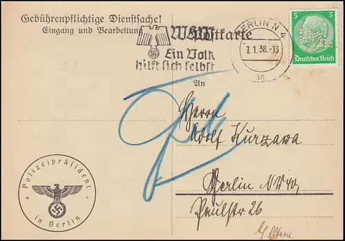 Affaire de service à payer Président de police BERLIN 7.1.38 Remise du passeport militaire