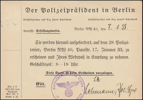 Affaire de service à payer Président de police BERLIN 7.1.38 Remise du passeport militaire