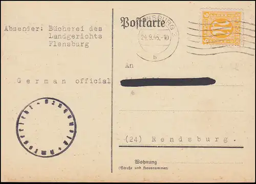 4 AM-Post 6 Pf. EF Carte postale Cour administrative FLENSBURG 24.9.45 n. Rendsburg