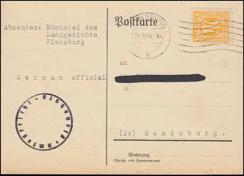 4 AM-Post 6 Pf. EF Postkarte Amtsgericht Bücherei FLENSBURG 24.9.45 n. Rendsburg