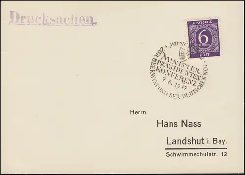 Sonderstempel MÜNCHEN 2 Ministerpräsidenten Konferenz 7.6.47 auf Drucksache