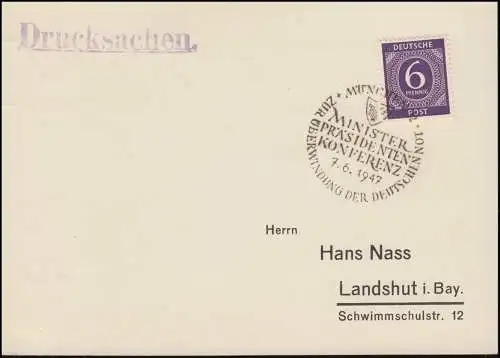 Sonderstempel MÜNCHEN 2 Ministerpräsidenten Konferenz 7.6.47 auf Drucksache