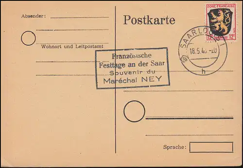 6 Wappen Postkarte SAARLOUIS 18.5.46 Neben-O Französische Festtage an der Saar