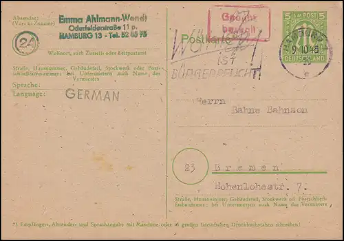 Postkarte P 903 AM-Post 5 Pf. mit Gebühr-bezahlt-Stempel HAMBURG 9.10.1946
