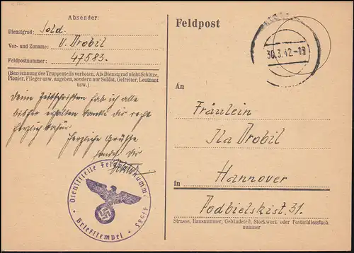Poste de champ 47583 sur carte postale silencieuse cachet 30.3.1942 Pâques après Hanovre