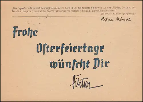 Feldpost 47583 auf Postkarte stummer Stempel 30.3.1942 Ostergrüße nach Hannover