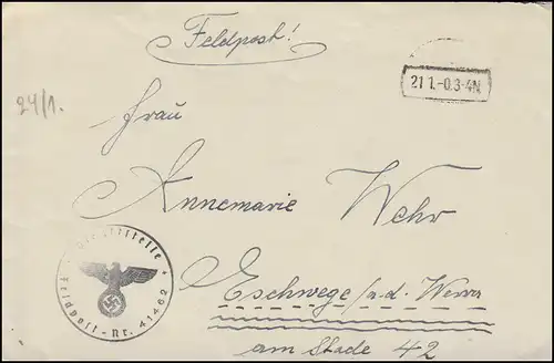 Service de poste de terrain 41462 timbre-tarn 21.1.41 Lettre avec contenu selon Eschüge
