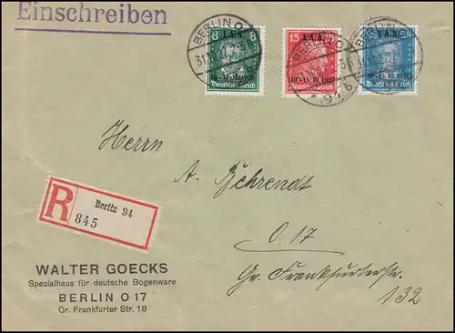 407-409 Aufdruck IAA 1927 als Satz auf Orts-R-Brief BERLIN O 94 -31.10.27