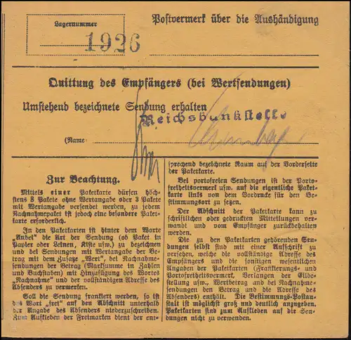Reichsdienstsache 29+33 Dienstmarken Paketkarte Münzenmetalldepot Berlin 18.8.20