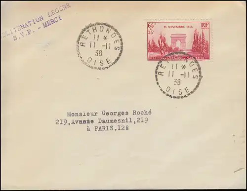 434 Waffenstillstandsabkommen auf Brief RETHONDES 11.11.1938 nach Paris 12.11.