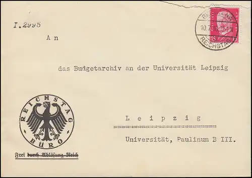 414 Hindenburg EF auf Brief BERLIN-REICHSTAG 10.7.30 nach Leipzig