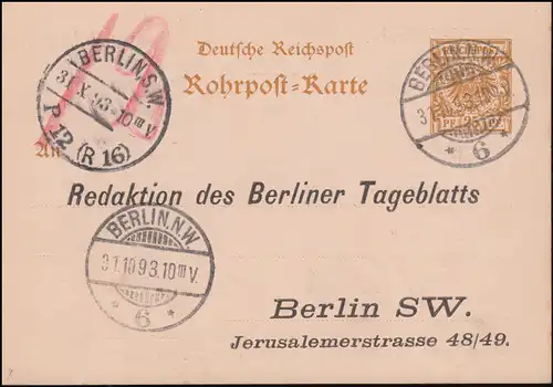 Rohrpostkarte RP 8 Adler BERLIN W 6 - 31.10.93 zu BERLIN P12 (R16) 31.10.