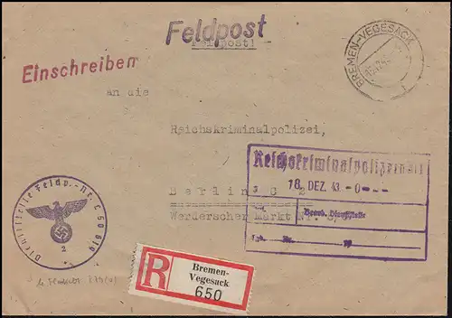 Feldpost L 50619 R-Bf. BREMEN-VEGESACK 15.12.43 an das RKPA in Berlin