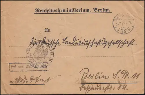 Frei durch Ablösung Reichswehrministerium Orts-Brief BERLIN W 10 - 7.9.1925