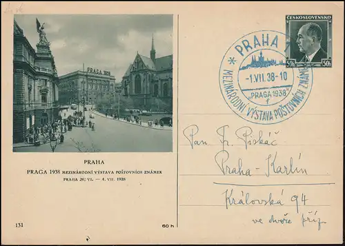Carte postale P 72/131 Exposition PRAG 1938 avec SSt PRAHA 1.7.1938