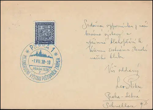 Bildpostkarte P 72/131 Ausstellung PRAG 1938 mit passendem SSt PRAHA 1.7.1938