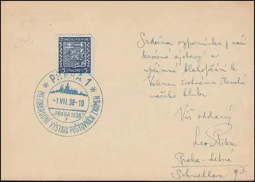 Carte postale P 72/131 Exposition PRAG 1938 avec SSt PRAHA 1.7.1938