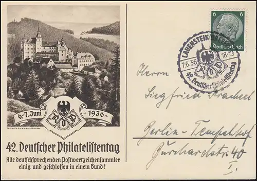 42. Deutscher Philatelistentag 1936 Schmuck-Postkarte SSt LAUENSTEIN 7.6.1936