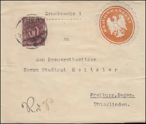 66 Dienstmarke Streifband-Drucksache Reichskanzlei BERLIN 4.8.1921 nach Freiburg