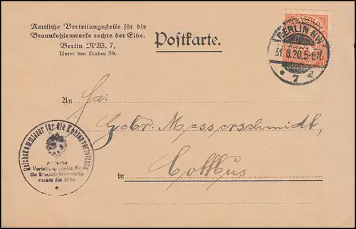 20 Dienstmarke EF auf Postkarte Verteilungsstelle Braunkohlewerke BERLIN 31.8.20