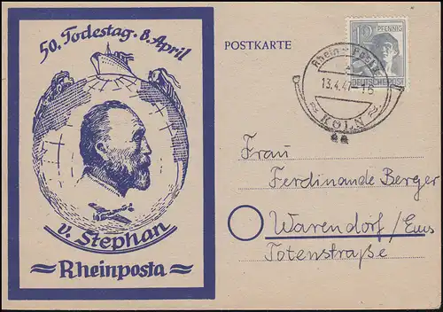 Poste du Rhin 50e anniversaire de la mort de H. par Stephan SSt KÖLN Rhein-Posta 13.4.47