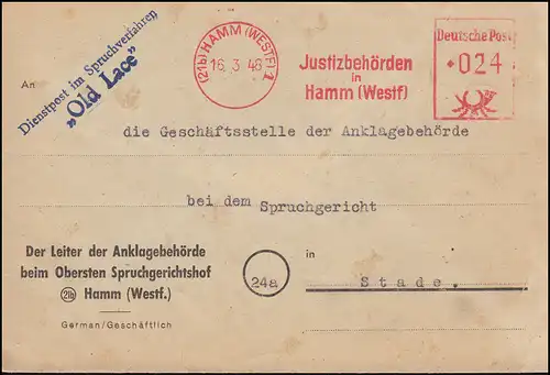 AFS Justizbehörden Spruchverfahren Old Lace vom Ankläger Brief HAMM 16.3.1948