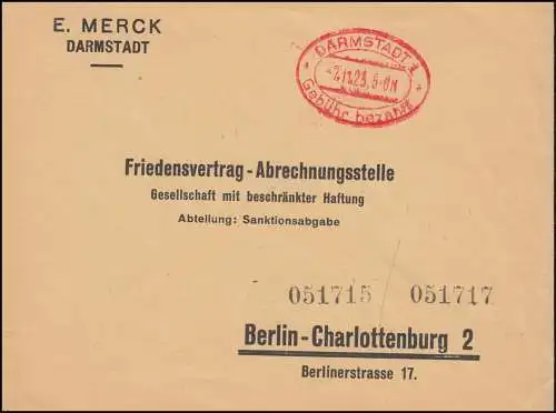 Gebühr-bezahlt-Stempel Brief DARMSTADT 7.11.23 Friedensvertrag-Abrechnungsstelle